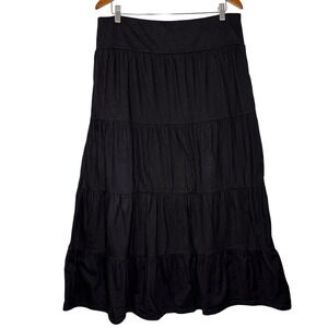 Basic Editions Womens XL Black Tiered Maxi Skirt Elastic Waist Casual